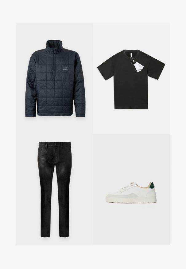 Padded pulóverová bunda v tmavo modrej farbe, s vysokým golierom, predným zipsom na štvrtinu a malým logom na hrudi. Textúrovaný prešívaný dizajn.; Čierne krátke rukávy bavlnené tričko s okrúhlym výstrihom a pripevnenými bielymi produktovými štítkami visiaci z goliera na jednoduchom bielom pozadí.; Čierne slim-fit nohavice s hladkou, lesklou textúrou, prednými vreckami, zapínaním na jeden gombík a jemnými detailmi šitia.; Biele tenisky s semišovými akcentmi, zaoblenou špičkou, plochými šnúrkami a krémovou gumovou podrážkou. Na päte sú zelené značky.
