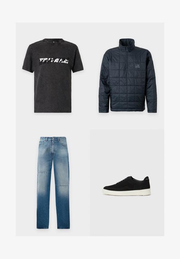 Gevoerde pulloverjas in donkerblauw, met een hoge kraag, kwart-rits aan de voorkant en een klein logo op de borst. Gestructureerd, gequilt ontwerp.; Zwarte katoenen t-shirt met een ronde hals, voorzien van een gedurfde, verouderde witte grafische print over de borst. Korte mouwen.; Lichtblauwe spijkerbroek van denim met een recht model, gegarendeerd waseffect en twee horizontale naden. Voorzien van vijf zakken en een knoopsluiting.; Zwarte suède sneakers met vetersluiting en contrasterende witte rubberen zool. Voorzien van textuurpanelen aan de zijkanten en subtiele branding op de hiel.
