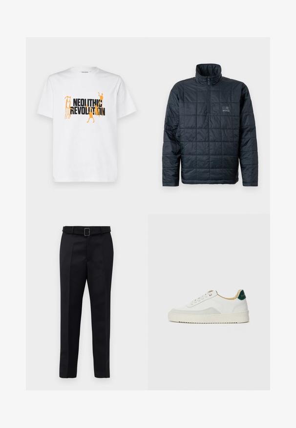 Padded pullover jacket in dark navy, featuring a high collar, quarter-zip front, and a small logo on the chest. Textured quilted design.; White cotton t-shirt featuring bold black and orange graphic text reading "NEOLITHIC REVOLUTION" with abstract human figures.; Black tailored trousers feature a smooth fabric, straight cut, and a belted waist with a rectangular buckle. Notable front creases enhance the design.; White sneaker with suede accents, rounded toe, flat laces, and a cream rubber sole. Features green branding on the heel.