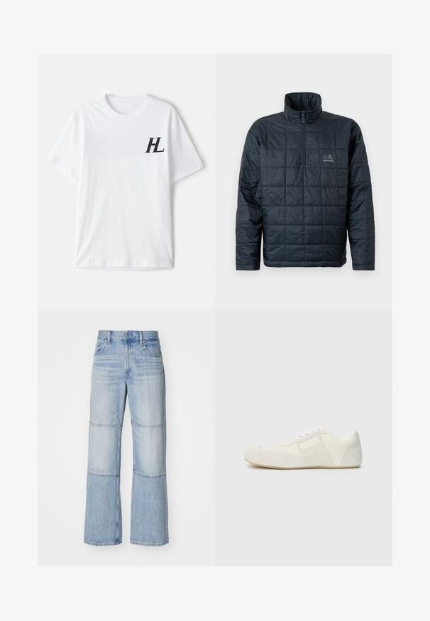Padded pullover jacket in dark navy, featuring a high collar, quarter-zip front, and a small logo on the chest. Textured quilted design.; White cotton t-shirt with a crew neck, short sleeves, and a black "HL" logo on the left chest area. Soft texture, relaxed fit.; Light blue denim trousers with a wide-leg design, featuring contrasting panels and visible stitching. High-waisted with a button closure.; White athletic shoe with a sleek design, featuring a suede toe cap, leather panels, and contrasting textured accents. Flat rubber sole.