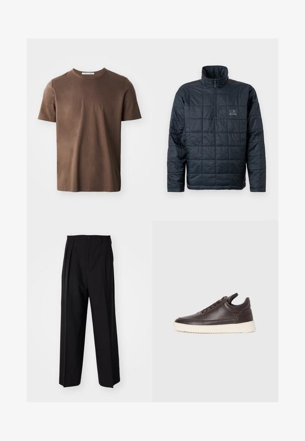 Pamušaluota megztinis striukė tamsiai mėlynos spalvos, su aukštu apykakle, ketvirčio užtrauktuku priekyje ir mažu logotipu ant krūtinės. Strukturinė siuvinėta dizaino.; Rudas medvilninis marškinėlis su apvaliu kaklu, trumpomis rankovėmis ir lygiu paviršiumi. Ant kaklo yra etiketė "TIGER OF SWEDEN".; Juodi klostuoti kelnių, su tiesiu, plačiu kojų dizainu. Pagaminti iš lygios medžiagos, su mygtukų uždarymu ir diržo kilputėmis.; Tamsiai rudas tekstūruotas odinis sportbačius su raišteliais ir baltu grioveliu ant gumos pado, pateiktas ant šviesaus fono.