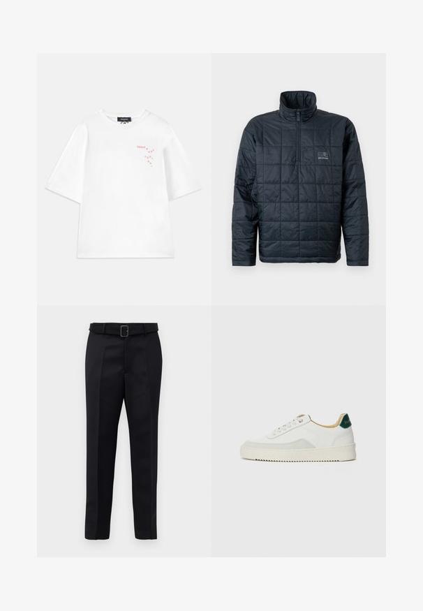 Padded pulóverová bunda v tmavo modrej farbe, s vysokým golierom, predným zipsom na štvrtinu a malým logom na hrudi. Textúrovaný prešívaný dizajn.; Dsquared2 LOOSE FIT TEE - Tričko s potlačou - white; Čierne nohavice na mieru majú hladkú tkaninu, rovný strih a opasok s obdĺžnikovou sponou. Výrazné predné skladky zvýrazňujú dizajn.; Biele tenisky s semišovými akcentmi, zaoblenou špičkou, plochými šnúrkami a krémovou gumovou podrážkou. Na päte sú zelené značky.