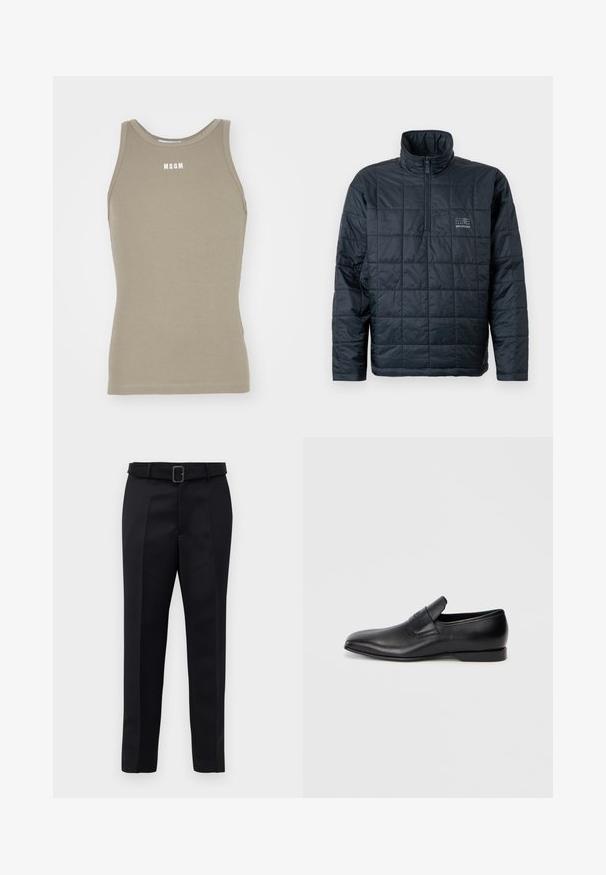 Polstret pullover-jakke i mørk navy, med høj krave, kvart-lynlås foran og et lille logo på brystet. Struktureret quilted design.; Khaki racerback tanktop lavet af strækbart bomuldsstof med ribstrikket tekstur; har et hvidt "MSGM" logo på brystområdet.; Sorte skræddersyede bukser har et glat stof, lige snit og en bæltestrop med en rektangulær spænde. Bemærkelsesværdige forreste folder fremhæver designet.; Sorte læder slip-on sko med spids tå, glat overflade og diskret branding på siden. Lav hæl med et rent, minimalistisk design.