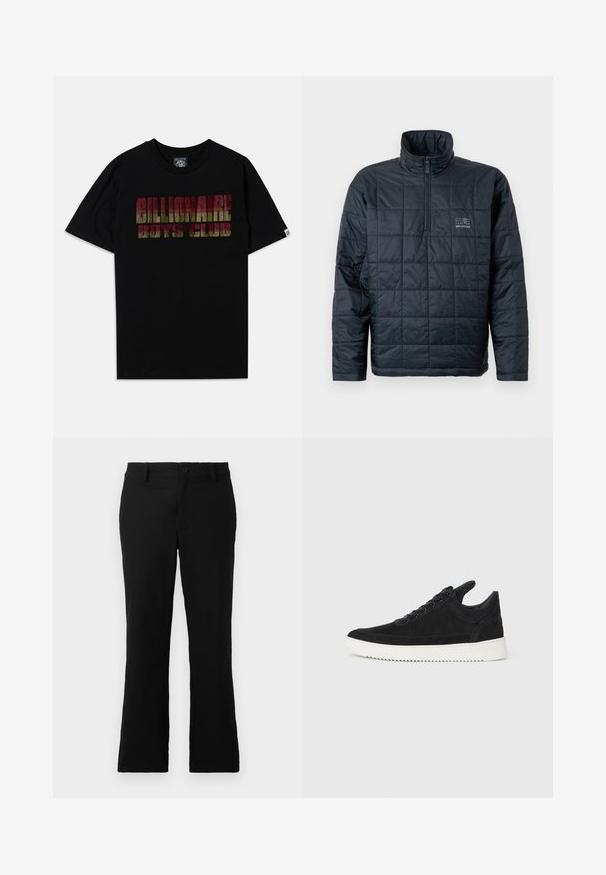 Casaco acolchoado de pullover em azul-marinho escuro, com gola alta, frente com zíper de um quarto e um pequeno logotipo no peito. Design de textura quiltada.; T-shirt preta de algodão com mangas curtas, apresentando o texto "BILLIONAIRE BOYS CLUB" em gradiente multicolorido com um padrão texturizado.; Calças flare pretas feitas de um tecido de algodão misto, com fecho de botão, passantes para cinto e uma textura suave sem padrões visíveis.; Sapatilha de camurça preta com sola de borracha branca, apresentando costuras tonais e um design com atacadores. Textura suave com uma forma moderna e simplificada.
