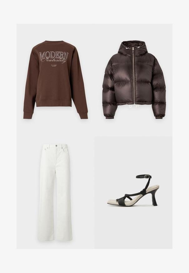 Giacca a vento nera con cappuccio, finitura lucida, zip frontale e polsini elasticizzati. Design cropped con stringhe regolabili all'orlo.; Felpa marrone con scollatura a girocollo, maniche lunghe e la scritta "MODERN Neutrality" stampata in bianco sul retro. Tessuto morbido.; Samsøe Samsøe SHELLY - Jeans baggy - clear cream; Sandal con tacco nero e design con cinturino intrecciato, punta quadrata e cinturino alla caviglia regolabile. Soletta beige chiaro con tacco nero lucido.