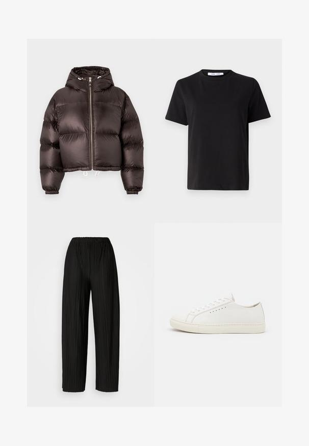 Schwarze Puffjacke mit Kapuze, glänzender Oberfläche, vorderem Reißverschluss und elastischen Bündchen. Gepresstes Design mit Kordelzügen am Saum.; Schwarzes T-Shirt mit kurzen Ärmeln aus weicher Baumwolle, mit rundem Ausschnitt, lockerer Passform und glatter Textur. Keine sichtbaren Muster oder Grafiken.; Schwarze, plissierte, weite Hosen mit einem elastischen Bund. Der Stoff hat vertikale Falten und eine glatte Textur.; Weiße Ledersneaker mit glatter Textur, runder Zehenpartie, minimalen Ösen und flacher Gummisohle. Einfaches Design ohne zusätzliche Akzente.