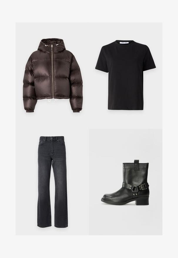 Melnā pūkainā jaka ar kapuci, spīdīga virsma, priekšējā rāvējslēdzēja aizdare un elastīgas aproces. Izgriezums ir īss ar koriģējošām auklām apakšmalā.; Melna īsām piedurknēm T-kreklu, kas izgatavots no mīksta kokvilnas, ar apļveida kakla izgriezumu, brīvu piegriezumu un gludu tekstūru. Nav redzamu rakstu vai grafikas.; Melnas augstām jostasvietām paredzētas džinsu bikses ar taisnu kāju dizainu, izgatavotas no džinseļa. Iespējotas piecas kabatas un smalks izbalējums visā audumā.; Samsøe Samsøe SABRENTA - Kovboju/motociklistu tipa puszābaki - black