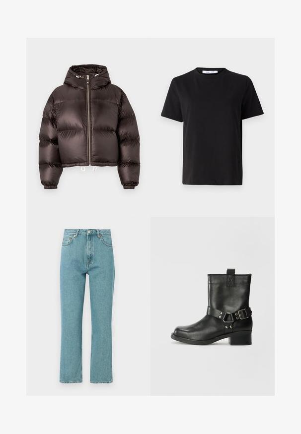 Mustvalge puffer-jakk kapuutsiga, läikiv viimistlus, eest lukuga ja elastsete mansettidega. Lühendatud disain, mille lõpus on reguleeritavad paelad.; Must have lühikeste varrukatega t-särk, mis on valmistatud pehmest puuvillast, ümmarguse kaelusega, lõdva sobivusega ja sileda tekstuuriga. Ei ole nähtavaid mustreid ega graafikat.; Hele sinine, kõrge vöökoht ja sirge säärekujundusega teksad. Valmistatud denimist, eestaskud ja nööpkinnitusega.; Samsøe Samsøe SABRENTA - Kauboi/mootorratturi poolsaapad - black