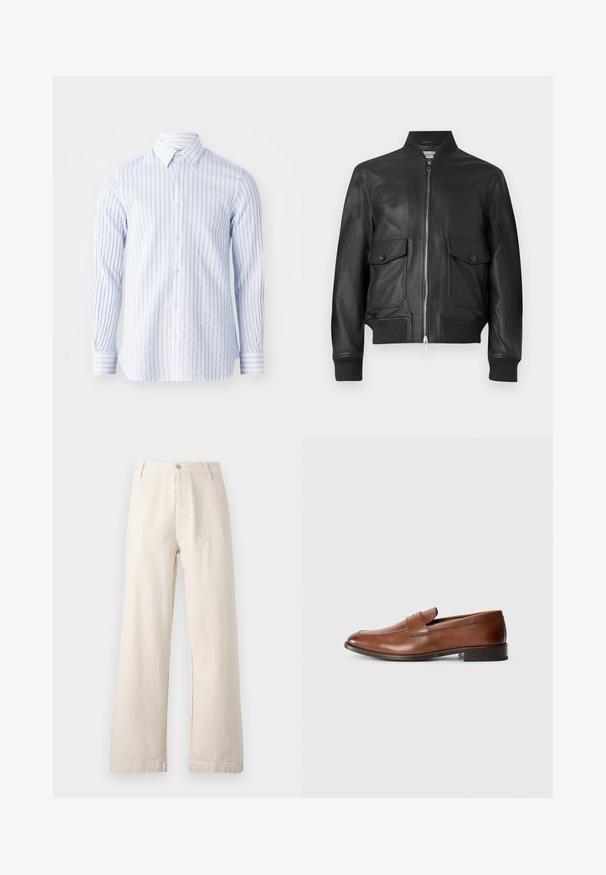 Veste bomber en cuir noir avec fermeture éclair, poignets côtelés et deux poches avant. Texture lisse et design structuré.; Chemise à rayures bleu clair et blanche, dotée d'un col et de manches longues avec des poignets à boutons. Tissu en coton léger.; Pantalons large beige en coton. Présente une fermeture à bouton à l'avant, des passants de ceinture et un design épuré sans ornement, avec une finition texturée.; Mocassins en cuir marron avec un bout rond, des coutures minimales et un petit talon carré. Présente une sangle décorative sur le devant.