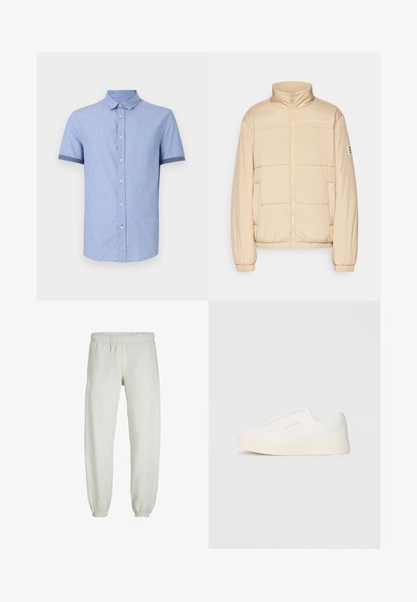 Beige pufferjakke med høj krave, frontlynlås, elastiske manchetter og sidelommer. Har "TOMMY JEANS" logo på brystet og mærkats på ærmet.; Lyseblå kortærmet skjorte med knapkrave, der har lysebrune knapper og kontrasterende mørkeblå kant på ærmerne.; Hvide sweatpants lavet af blødt stof, med elastisk talje og håndled, der har en glat tekstur og løs pasform.; Hvide slip-on sneakers med en struktureret overflade, en tyk sål og et minimalistisk design. Har brandlogoet på siden.
