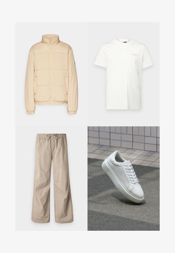 Beige pufi dzseki magas gallérral, elülső cipzárral, elasztikus mandzsettákkal és oldalsó zsebekkel. A mellkason "TOMMY JEANS" logó, az ujjon pedig márkajelzés található.; Fehér pamut póló rövid ujjakkal, V-nyakkal, és egy kis hímzett logóval a bal mellen. Sima felület és normál fazon.; Beige, bő szárú nadrág rugalmas derékpánttal és zsinórral. Sima textúra, két oldalsó zseb és minimális varrások a kényelmes illeszkedésért.; Fehér bőr sportcipő sima felülettel, kerek orral és lapos fehér fűzőkkel. Texturált gumitalppal és minimális dizájnelemekkel rendelkezik.
