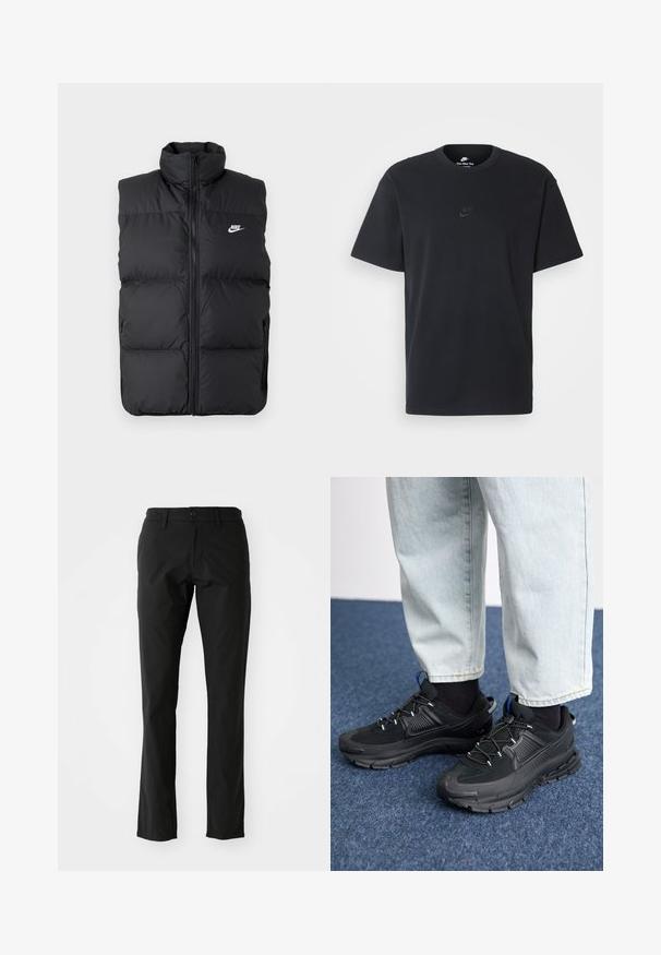 Černá polstrovaná bezrukávová bunda s vysokým límcem, předním zipem, bočními kapsami a bílým logem Nike na hrudi.; Černé bavlněné tričko Nike s klasickým kulatým výstřihem, krátkými rukávy a decentně vyraženým logem na hrudi. Hladký povrch.; Černé kalhoty vyrobené z lehkého materiálu, s rovnými nohavicemi, předním zapínáním na knoflík a bočními kapsami. Hladká textura.; Černé sportovní boty s texturovanou tkaninou a gumovou podrážkou, s elastickými tkaničkami a modrým akcentem na patě. Nosí se s světlými džíny.