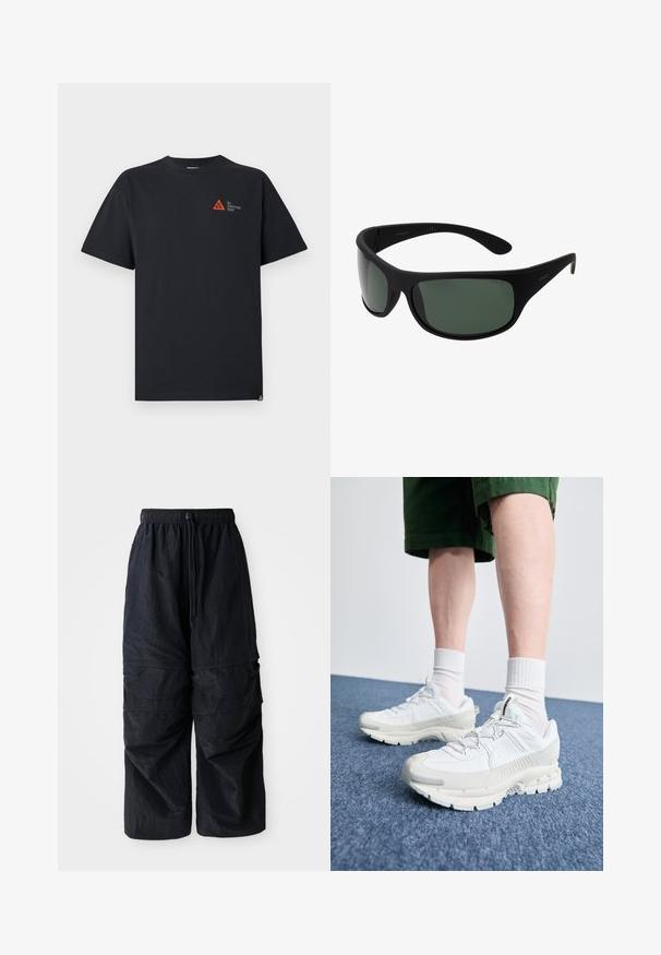 Juodas pūstas be rankovių švarkas su aukštu apykakle, priekiniais užtrauktukais, šoniniais kišenėmis ir baltu Nike logotipu ant krūtinės.; Juodas medvilninis marškinėliai su apvalia kaklo iškirpte, trumpomis rankovėmis ir oranžiniu trikampiu grafiką su užrašu "VISOMS SĄLYGOMS" ant krūtinės.; Juodos lengvos nailono cargo kelnės su elastingu juosmeniu, reguliuojamu raišteliu ir daugybe sluoksniuotų kišenių ant kojų.; Baltos sportinės bateliai su tekstūruotais uždengimais, masyviu padu ir pilkais akcentais. Dėvimi su baltais trumpais kojiniais ir žaliais šortais mėlyname paviršiuje.; Juodos apskrito tipo saulės akinių rėmas su tamsiai žaliais lęšiais. Matinis paviršius, kreivai suformuota konstrukcija, tiesios namos ir subtilus prekės ženklas šone.