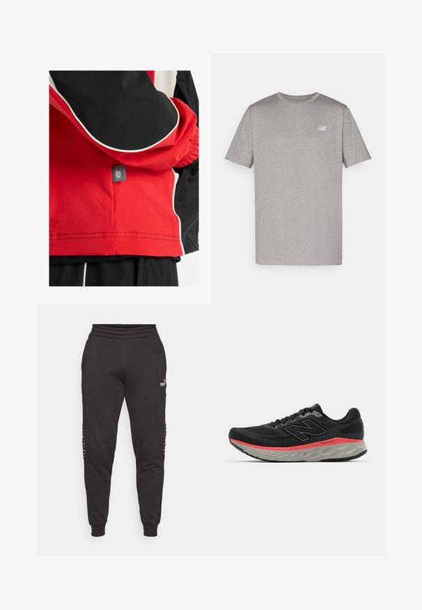 Red and black jacket with white accents, featuring a zipper, elastic cuffs, and a logo tag near the hem. Smooth texture, sporty design.; Gray short-sleeve t-shirt made of soft fabric featuring a subtle logo in light blue on the left chest. Round neckline, regular fit.; Black sweatpants made from soft fabric, featuring a ribbed waistband, tapered legs, and side accents with logo detailing.; Black running shoe with mesh upper, accented by a pink midsole stripe and grey outsole. Features textured details and a flexible sole design.