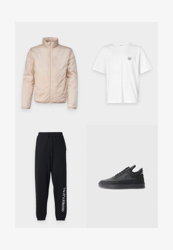 Lys beige pufferjakke med høj krave, fuld lynlås og elastiske manchetter. Materialet fremstår glat og let blankt med syning detaljer.; Hvid t-shirt lavet af bomuld med korte ærmer, rund halsudskæring og et lille gråt logo på venstre brystområde. Glat tekstur.; Sorte sweatpants lavet af blødt stof, med en tapered design og elastiske manchetter. "No Problemo" trykt i hvidt ned ad venstre ben.; Sorte læder sneakers med en struktureret overflade, snørebåndsdesign, lav top og en grå gummisål med en rillekant.