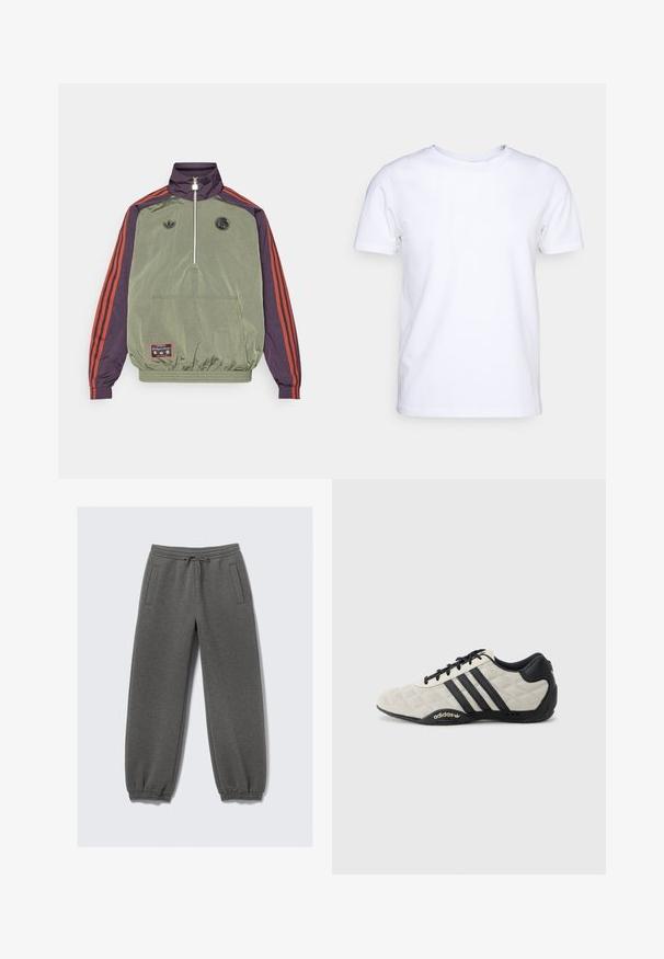 adidas Originals FC BAYERN MUNICH ICON HALFZIP JACKET - Club wear - base green/aurora black; White short-sleeve t-shirt in cotton fabric with a round neckline. Simple design with no patterns or accents. Smooth texture.; Gray sweatpants made of soft fabric, featuring a drawstring waistband, elastic cuffs, and side pockets. Straight-leg design.; Adidas sports shoe with a textured, light gray upper and black leather accents. Features black three-stripe logo and cushioned sole.