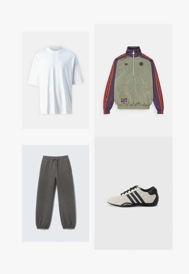 adidas Originals FC BAYERN MUNICH ICON HALFZIP JACKET - Squadra - base green/aurora black; Maglietta bianca a maniche corte realizzata in morbido cotone. Caratterizzata da un collo rotondo, una vestibilità comoda e una texture liscia. Nessun motivo o dettaglio visibile.; Pantaloni grigi in felpa realizzati in tessuto morbido, con vita regolabile tramite cordoncino, polsini elasticizzati e tasche laterali. Design a gamba dritta.; Scarpa sportiva Adidas con una toma superiore grigia chiara e testurizzata, e dettagli in pelle nera. Presenta il logo a tre strisce nere e una suola ammortizzata.