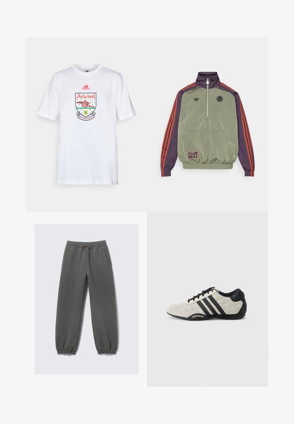 adidas Originals FC BAYERN MUNICH ICON HALFZIP JACKET - Club wear - base green/aurora black; adidas Performance ARSENAL FC TEE 92-94 - Club wear - white; Gray sweatpants made of soft fabric, featuring a drawstring waistband, elastic cuffs, and side pockets. Straight-leg design.; Adidas sports shoe with a textured, light gray upper and black leather accents. Features black three-stripe logo and cushioned sole.