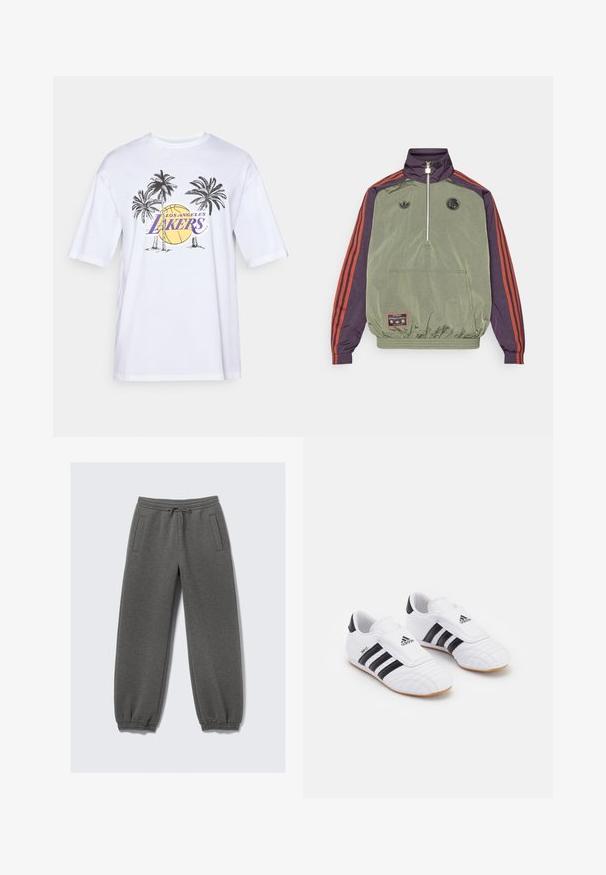 adidas Originals FC BAYERN MUNICH ICON HALFZIP JACKET - Klubska moštva - base green/aurora black; Bela bomba majica iz bombaža z vijoličnim logotipom "Los Angeles Lakers", grafiko palm in ilustracijo košarkaške ozadja.; Sive hlače iz mehke tkanine, ki imajo vrvico za prilagajanje v pasu, elastične manšete in stranske žepke. Oblika z ravnimi nogavicami.; Bele športne čevlje v beli barvi z črnimi črtami, ki so narejeni iz materiala podobnega usnju, imajo okroglo konico in Velcro zapenje. Guma podplat zagotavlja oprijem.