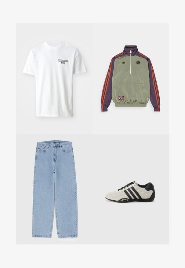 adidas Originals FC BAYERN MUNICH ICON HALFZIP JACKET - Sporto klubų atributika - base green/aurora black; Balta medvilninė marškinėliai su apvalia iškirpte. Kairėje krūtinės pusėje yra mažas mėlynas tekstas "CARHARTT WIP". Klasikinis siluetas, trumpomis rankovėmis.; Šviesiai mėlyni džinsai su tiesiomis kojomis, turintys vidutinio aukščio juosmenį, penkias kišenes ir mygtuko bei užtrauktuko uždarymą.; Adidas sportiniai batai su tekstūriniu, šviesiai pilku viršumi ir juodais odos akcentais. Yra juodas trijų juostų logotipas ir paminkštintas padas.