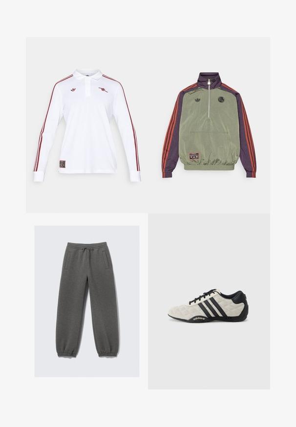 adidas Originals FC BAYERN MUNICH ICON HALFZIP JACKET - Klubové oblečení - base green/aurora black; adidas Originals ARSENAL FC ICON LONG SLEEVE POLO - Klubové oblečení - white; Šedé tepláky z měkké tkaniny, s páskem na stažení v pase, elastickými manžetami a bočními kapsami. Rovný střih nohavic.; Sportovní boty Adidas s texturovaným, světle šedým svrškem a černými koženými akcenty. Obsahují černé logo se třemi pruhy a polstrovanou podrážku.