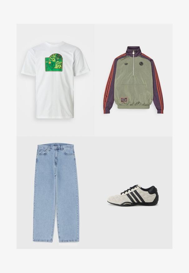 adidas Originals FC BAYERN MUNICH ICON HALFZIP JACKET - Echipament cluburi fotbal - base green/aurora black; Tricou alb din bumbac cu un grafic de placă de circuit verde care prezintă modele complicate, accente roșii și un element de design stratificat.; Jeans din denim de culoare albastru deschis, cu un design cu picioare drepte, având talie medie, cinci buzunare și un sistem de închidere cu nasture și fermoar.; Pantof sport Adidas cu un material superior texturat de culoare gri deschis și accente din piele neagră. Prezintă logo-ul cu trei dungi negre și o talpă amortizată.