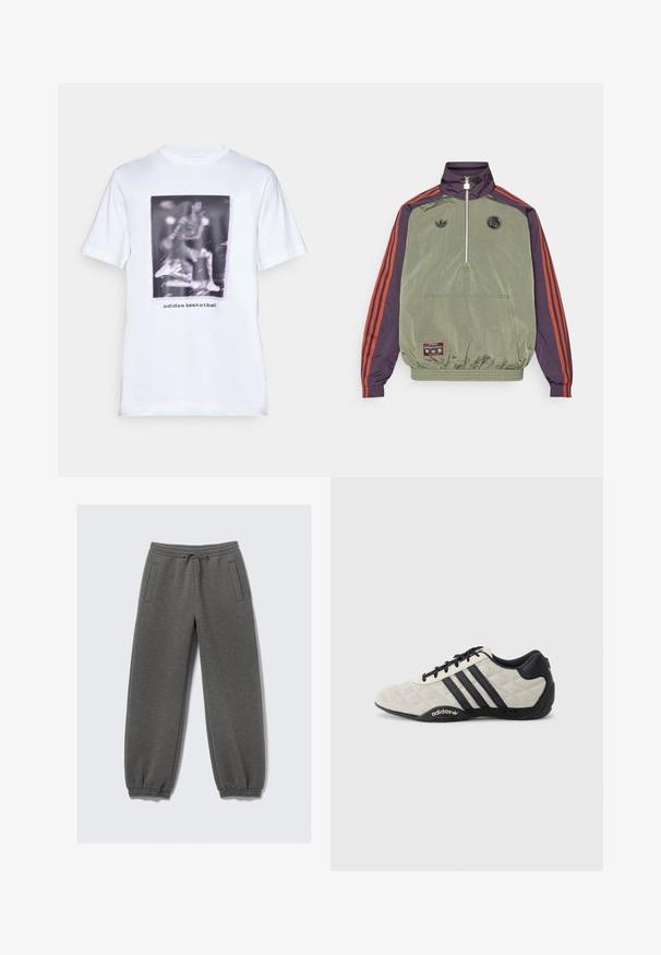 adidas Originals FC BAYERN MUNICH ICON HALFZIP JACKET - Article de supporter d'équipe de club - base green/aurora black; T-shirt en coton blanc présentant une impression graphique d'un joueur de basket-ball avec le texte "adidas basketball" en dessous de l'image. Manches courtes et col rond.; Pantalons de jogging gris en tissu doux, avec une taille à cordon de serrage, des poignets élastiques et des poches latérales. Conception à jambes droites.; Chaussure de sport Adidas avec un dessus texturé en gris clair et des accents en cuir noir. Présente un logo à trois bandes noires et une semelle rembourrée.