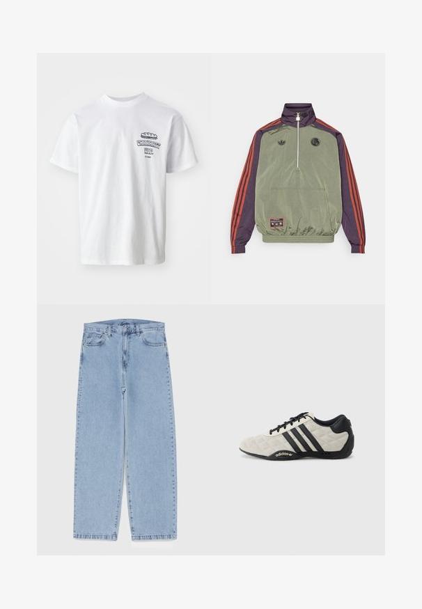 adidas Originals FC BAYERN ICON ciemnozielony; Biała bawełniana koszulka z krótkim rękawem, okrągłym dekoltem i nadrukiem graficznym z tekstem "Carhartt WIP" oraz ilustracją jedzenia na piersi.; Jasnoniebieskie dżinsy o prostym kroju nogawki, z średnim stanem, pięcioma kieszeniami oraz zapięciem na guzik i zamek błyskawiczny.; Buty sportowe Adidas z fakturowaną, jasnoszaro górą i czarnymi skórzanymi akcentami. Posiada czarne logo z trzema paskami i amortyzowaną podeszwę.