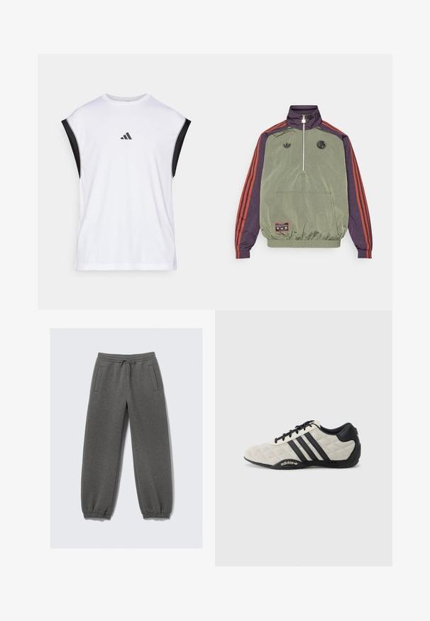 adidas Originals FC BAYERN MUNICH ICON HALFZIP JACKET - Klupska odjeća - base green/aurora black; Bijela sportska majica bez rukava s crnim naglascima na ramenima. Ima okrugli izrez i mali crni logo na prednjoj strani. Glatka tekstura tkanine.; Sive trenerke od mekog materijala, sa pojasom na vezanje, elastičnim manžetama i bočnim džepovima. Pravilan kroj.; Adidas sportska cipela s teksturiranom, svijetlo sivom gornjom i crnim kožnim detaljima. Sadrži crni logo s tri pruge i podstavljen đon.