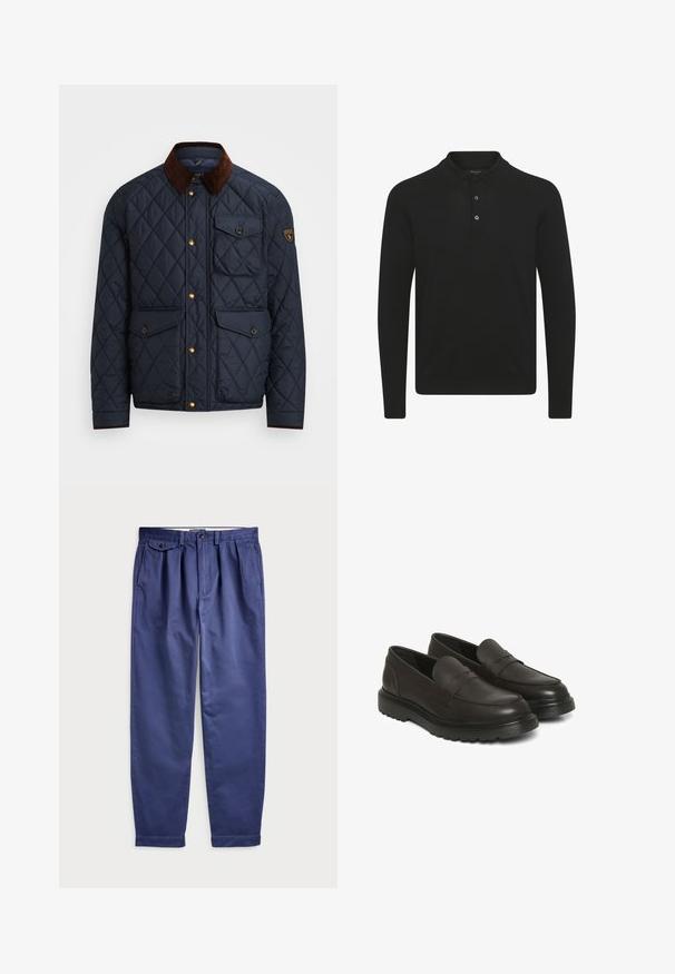Jūras zila piegrieztā jakas ar brūnu korduroja apkakli, ar zelta kniedēm, četriem priekšējiem kabatām un logo uzšuvumu kreisajā piedurknē.; Melns garām piedurknēm polo krekls, izgatavots no mīksta auduma ar klasisku apkakli, trīs pogu aizdari un pieguļošu siluetu.; Navy krāsas kokvilnas bikses ar brīvu piegriezumu, ar krokām priekšpusē, divām sānu kabatām un pogu aizdari jostasvietā.; Brūni ādas ievelkamie apavi ar gludu virsmu, mīkstinātu apkakli un teksturētu dizainu. Aprīkoti ar melnu gumijas zoli ar rievojumu rakstu.