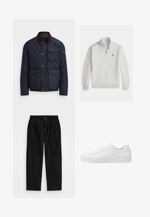 Casaco acolchoado azul-marinho com gola de veludo castanho, apresentando botões de pressão dourados, quatro bolsos frontais e um emblema no braço esquerdo.; Sweatshirt cinza claro com fecho de correr até ao peito, punhos e cintura canelados, com um pequeno logótipo azul-marinho no lado esquerdo do peito.; Calças de veludo cotelê pretas com um ajuste relaxado, apresentando uma cintura elástica com cordão e bolsos laterais. O tecido apresenta uma textura canalizada.; Sapatilha de couro branca com acabamento suave, bico arredondado, design de atacadores planos e sola de borracha grossa com um padrão de aderência texturizado.