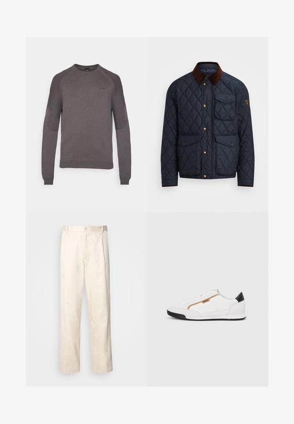 Jūras zila piegrieztā jakas ar brūnu korduroja apkakli, ar zelta kniedēm, četriem priekšējiem kabatām un logo uzšuvumu kreisajā piedurknē.; Pelēks džemperis ar ribotu tekstūru plecos un piedurknēs, apaļa kakla izgriezums un izsmalcināta logo detaļa krūtīs. Garas piedurknēs, pieguļošs dizains.; Bežā krāsā auduma bikses ar taisnu kāju griezumu, pievienotām pogu aizdares un priekšējiem krokām papildu detaļām.; Baltijas krāsā baltas sporta kurpes ar acu un ādas akcentiem. Iezīmējas ar zelta "BOSS" logo, teksturētām sānu paneļiem un melnu papēža kapu. Gumijas zole.