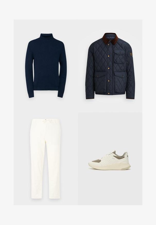 Námořnická prošívaná bunda s hnědým kordovým límcem, vybavená zlatými patentkami, čtyřmi předními kapsami a logem na levém rukávu.; Námořnický svetr s rolákem, který má texturovaný vzor, dlouhé rukávy a žebrované lemy a manžety, vyrobený z lehkého pleteného materiálu.; Bílé, lehké lněné kalhoty s pružným pasem na šňůrku. Rovný střih, minimální textura a žádné viditelné vzory ani detaily z kovu.; Bílé a světle béžové atletické tenisky, které mají síťovaný svršek, perforované detaily a texturovanou mezipodešev s logem na patě.