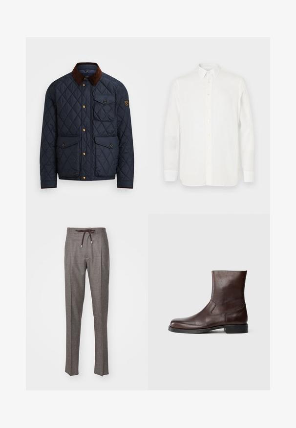 Námořnická prošívaná bunda s hnědým kordovým límcem, vybavená zlatými patentkami, čtyřmi předními kapsami a logem na levém rukávu.; Bílá košile s dlouhým rukávem vyrobená z lehkého materiálu, s klasickým límcem, zapínáním na knoflíky a rovně střiženým lemem. Hladká textura.; Šedé tkané kalhoty s pasem na šňůrku, které mají jemný károvaný vzor, dva přední skladby a zúžené nohavice.; Hnědé kožené kotníkové boty s hladkým povrchem, zaoblenou špičkou, minimálním prošíváním a plochou černou gumovou podrážkou.
