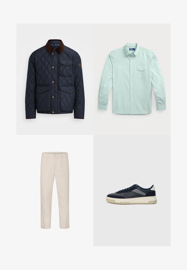 Marineblå quiltet jakke med brun fløjlskrave, der har gyldne trykknapper, fire frontlommer og et logo-patch på venstre ærme.; Lysblå langærmet skjorte med knapper og lomme, der har krave, frontknapper og struktureret stof.; Beige bukser lavet af et struktureret stof med lige snit, med en frontknaplukning og sidelommer.; BOSS BALTIMORE - Sneakers - open blue