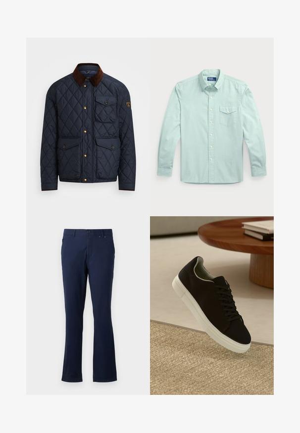 Námornícky prešívaný kabát s hnedým kordovým golierom, ktorý má zlaté cvoky, štyri predné vrecká a nášivku s logom na ľavom rukáve.; Svetlomodrá košeľa s dlhým rukávom na gombíky, s vreckom, obsahujúca golier, predné gombíky a textúrovanú tkaninu.; Námornícke modré nohavice vyrobené z ľahkej tkaniny, s rovnými nohavicami, prednými vreckami a zapínaním na gombík v páse.; Čierna teniska s bielou podrážkou plávajúca nad béžovým textúrovaným kobercom pri okrúhlom drevenom stole s hromadou kníh.