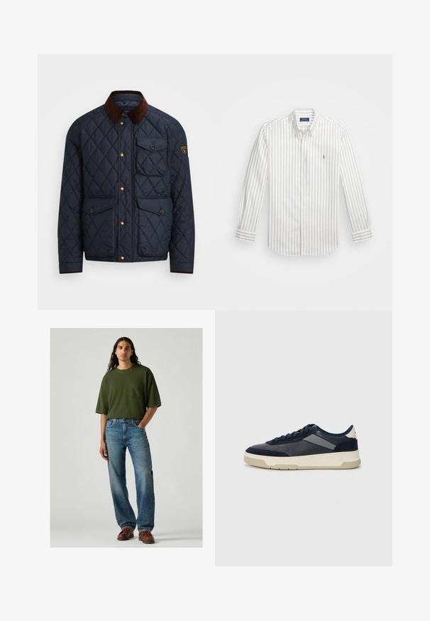 Marineblauwe geborduurde jas met een bruine corduroy kraag, voorzien van gouden drukknoopsluitingen, vier voorzakken en een logopatch op de linkermouw.; Witte overhemden met lichtblauwe verticale strepen, lange mouwen, geknoopte kraag en klein geborduurd logo op de linkerborst.; Groene t-shirt met korte mouwen en een borstzak, gecombineerd met lichtblauwe spijkerbroek. Het model staat in bruine schoenen op een grijze achtergrond.; BOSS BALTIMORE - Sneakers laag - open blue