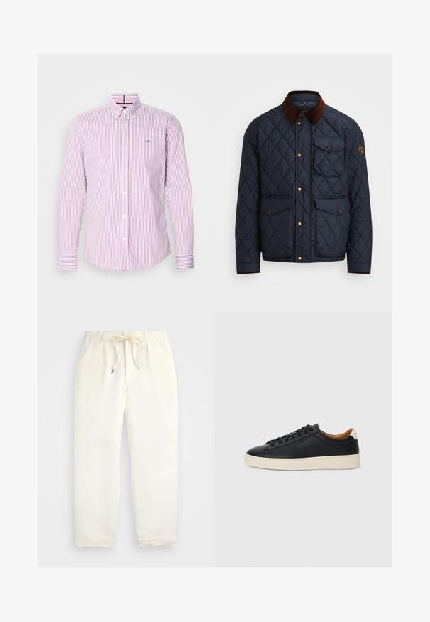 Jūrinis šiltas striukė su rudu kordurojo apykakle, su auksiniais spaustukais, keturiomis priekinėmis kišenėmis ir logotipo pleistru kairiajame rankove.; Dryžuota balta ir šviesiai rožinė ilga rankovė marškiniai su segamu apykakle ir maža logotipu. Turi klasikinę fasoną ir tekstūruotą medvilnės audinį.; Šviesiai kreminės spalvos, laisvalaikio kelnės iš minkštos medžiagos. Turi elastinį juosmenį su raišteliais ir siaurėjantį kojų dizainą.; Juodos odinės sportbačiai su lygiu paviršiumi, smėlio spalvos guminis padas, raišteliais užsegama konstrukcija ir kontrastingas kulno akcentas.