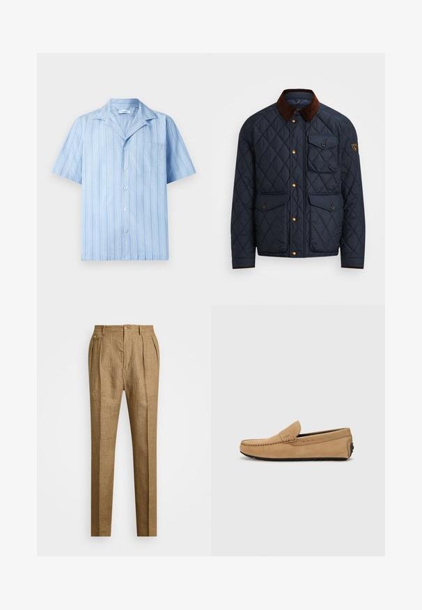 Mornarska jakna s prešito oblogo in rjavim kordom, s pozlačenimi naprstniki, štirimi sprednjimi žepi in logotipnim oznako na levem rokavu.; Svetlo modra srajca s kratkimi rokavi z navpičnimi belimi črtami, z gumbi spredaj in žepom na prsih. Izdelana iz gladkega, lahkega materiala.; Rjave karirane hlače z oblikovanim krojem, z nabranim sprednjim delom, dvema stranskima žepoma in gumbom za zapiranje. Gladka tekstura z prilagojenim dizajnom.; Bež suède mokasine z obšito toe, za enostavno obuvanje, z črnim gumijastim podplatom. Ima subtilno blagovno znamko na strani.
