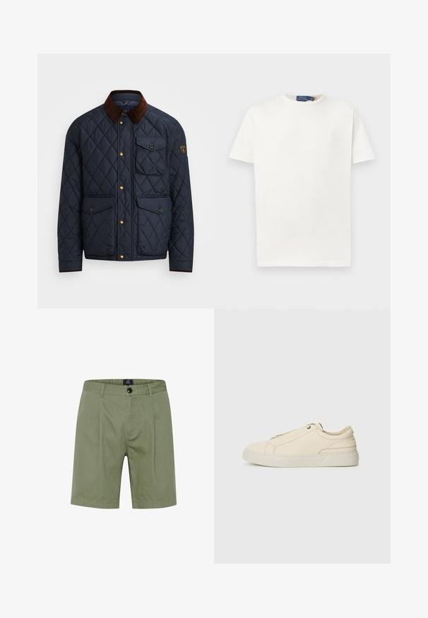 Jūrinis šiltas striukė su rudu kordurojo apykakle, su auksiniais spaustukais, keturiomis priekinėmis kišenėmis ir logotipo pleistru kairiajame rankove.; Balta trumpomis rankovėmis marškinėliai su apvalia iškirpte, su subtiliu išsiuvinėtu logotipu kairiajame krūtinės kampe ir prekinio ženklo etiketė kailiuke.; Olivinių spalvos šortai su pritaikytu dizainu, turintys mygtuką, priekines kišenes ir subtilias vertikalias juosteles minkštame, tekstūruotame audinyje.; Kreminio odos sportbačiai su apvaliu nosiu, minimalistiniu dizainu, subtiliomis siuvimo detalėmis ir tekstūrine viršutine dalimi, ant šviesios pado.