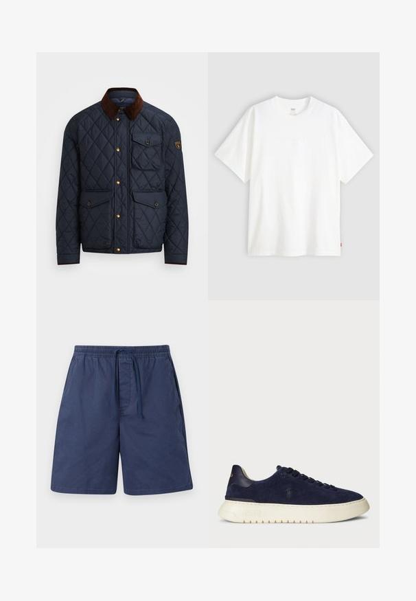 Námornícky prešívaný kabát s hnedým kordovým golierom, ktorý má zlaté cvoky, štyri predné vrecká a nášivku s logom na ľavom rukáve.; Biela tričko s krátkym rukávom vyrobené z bavlny s klasickým výstrihom. Má jemne embosované logo na prednej strane a červenú etiketu na leme.; Námornícky modré šortky vyrobené z ľahkej tkaniny, s elastickým pásom a šnúrkou, bočnými vreckami a voľným strihom.; Námořnické semišové nízké tenisky s texturovaným povrchem, gumovou podrážkou a tónovými tkaničkami, přičemž na boku a patě je malé logo.