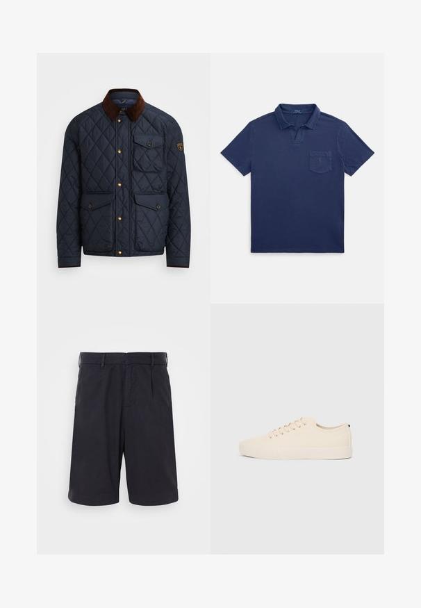 Casaco acolchoado azul-marinho com gola de veludo castanho, apresentando botões de pressão dourados, quatro bolsos frontais e um emblema no braço esquerdo.; Camisola pólo azul-marinho de algodão, com gola dobrada, mangas curtas e um bolso no peito com um pequeno detalhe de logótipo.; Calções de algodão azul-marinho com frente lisa, passadores para cinto, bolsos laterais e um corte relaxado, apresentando uma textura suave e um design limpo.; Sapatilhas de lona bege com biqueira redonda, sola de borracha plana e atacadores à frente. Apresentam um design minimalista e um detalhe preto contrastante no calcanhar.