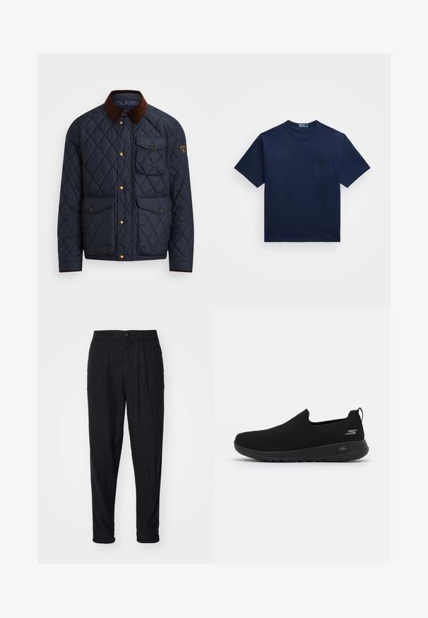 Marineblå quiltet jakke med brun fløjlskrave, der har gyldne trykknapper, fire frontlommer og et logo-patch på venstre ærme.; Mørkeblå bomulds T-shirt med rund hals, korte ærmer og en lomme på venstre bryst. Glat tekstur med en klassisk pasform.; Sorte linnedragt med en afslappet pasform, der har en knaplukning, plisseringer og rullede kanter. Glat tekstur og minimalistisk design.; Sorte slip-on sneakers med en åndbar mesh-overdel, rund tå og polstret gummisål. Har et logo på siden.