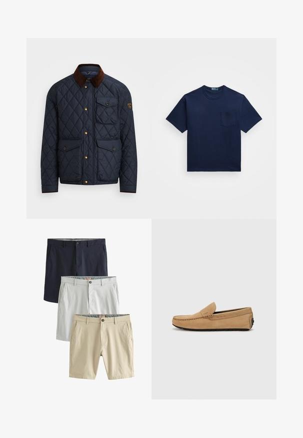 Tengerészeti steppelt dzseki barna kordbársony gallérral, arany patentgombokkal, négy elülső zsebbel, és logóval ellátott folttal a bal ujján.; Tengerészkék pamut póló kerek nyakkal, rövid ujjakkal és bal oldali zsebből. Sima textúrájú, klasszikus szabású.; Három nadrágpár: tengerészkék, világosszürke és bézs, mind sima anyagból készült, elülső zsebekkel és gombos záródással.; Beige színű nubuk mokaszin cipő, varrott orral, slip-on kialakítással és fekete gumitalppal. Diszkrét logó található az oldalon.
