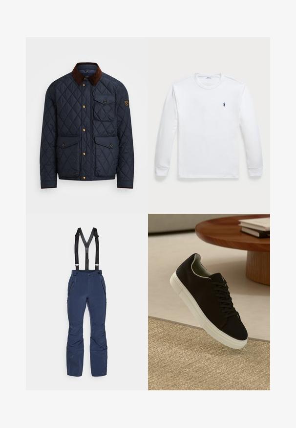 Námořnická prošívaná bunda s hnědým kordovým límcem, vybavená zlatými patentkami, čtyřmi předními kapsami a logem na levém rukávu.; Bílý tričko s dlouhým rukávem vyrobené z bavlny, s kulatým výstřihem a malým námořnickým logem na levé hrudi. Hladká textura, jednoduchý design.; Námořnické lyžařské kalhoty s nastavitelnými černými kšandami, se zipovými kapsami na obou stranách a aerodynamickým, voděodolným designem.; Černé tenisky s bílou podrážkou plující nad béžovým texturovaným kobercem poblíž kulatého dřevěného stolu se stohovanými knihami.