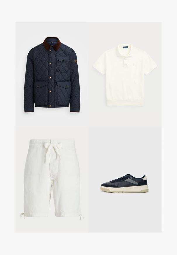 Tengerészeti steppelt dzseki barna kordbársony gallérral, arany patentgombokkal, négy elülső zsebbel, és logóval ellátott folttal a bal ujján.; Polo Ralph Lauren LOOPBACK FLEECE POLO-COLLAR SWEATSHIRT - Pólóing - clubhouse cream; Fehér pamut rövidnadrág, derékon megkötős pánttal, felgöngyölt szárakkal és lapos elülső zsebekkel. Sima, könnyű szövet textúra.; BOSS BALTIMORE - Sportcipő - open blue