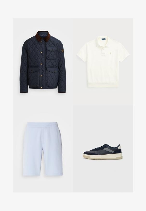 Tengerészeti steppelt dzseki barna kordbársony gallérral, arany patentgombokkal, négy elülső zsebbel, és logóval ellátott folttal a bal ujján.; Polo Ralph Lauren LOOPBACK FLEECE POLO-COLLAR SWEATSHIRT - Pólóing - clubhouse cream; Világoskék sportnadrágok, puha anyagból készült, elasztikus derékkal és oldalsó zsebekkel. Kicsi logó részlet az elején.; BOSS BALTIMORE - Sportcipő - open blue