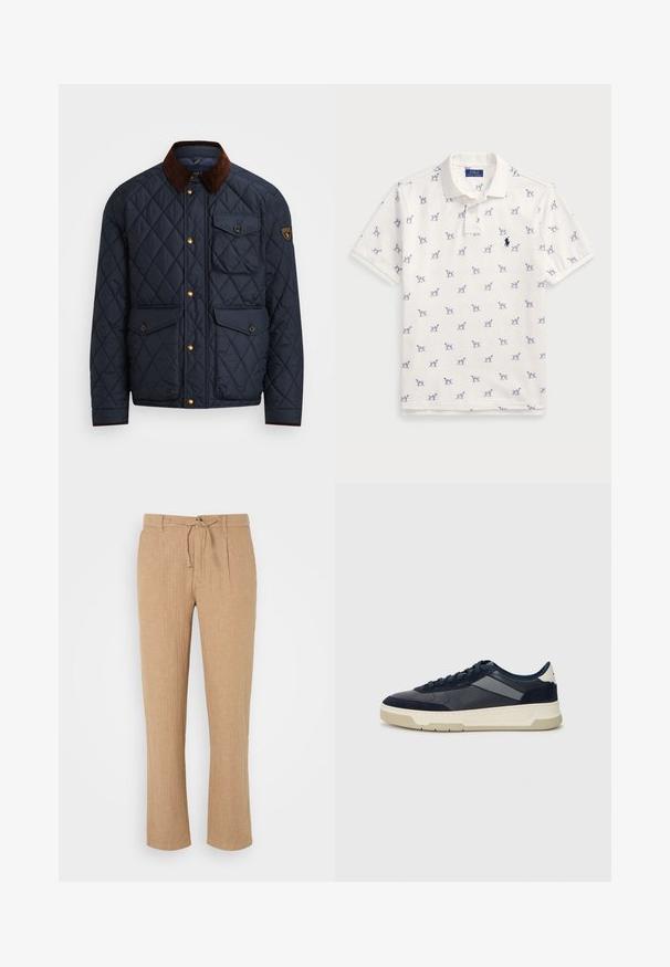 Jūrinis šiltas striukė su rudu kordurojo apykakle, su auksiniais spaustukais, keturiomis priekinėmis kišenėmis ir logotipo pleistru kairiajame rankove.; Balta polo marškiniai, pagaminti iš medvilnės, su pasikartojančiu mėlynu šunų raštu ir mažuoju mėlynu logotipu ant krūtinės. Trumpomis rankovėmis ir apykakle.; Bežiniai lininiai kelnės su tiesiu kojų dizainu, raišteliu reguliuojamu juosmeniu ir subtiliu tekstūruotu paviršiumi. Priekiniai klostės prideda detalumo klasikiniam stiliui.; BOSS BALTIMORE - Sportbačiai - open blue