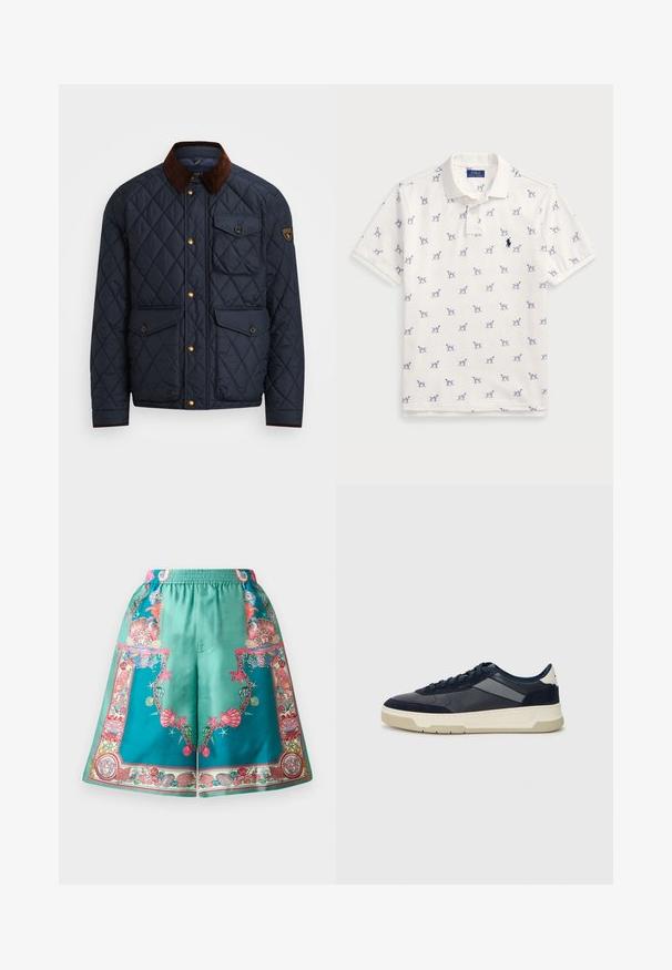 Tengerészeti steppelt dzseki barna kordbársony gallérral, arany patentgombokkal, négy elülső zsebbel, és logóval ellátott folttal a bal ujján.; Fehér póló, pamutból készült, ismétlődő kék kutyás mintával és egy kis kék logóval a mellkason. Rövid ujjak és gallér.; Turquoise selyem-sortok bonyolult, színes kagyló- és tengeri mintákkal, elasztikus derékkal és laza szabással.; BOSS BALTIMORE - Sportcipő - open blue