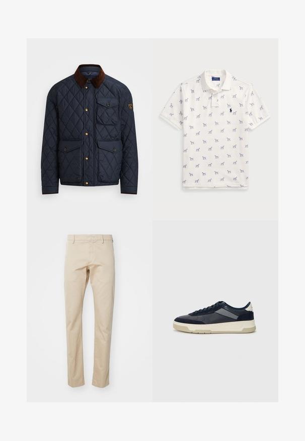 Tumesinine tikandiga jope pruunist korduroyst kraest, millel on kuldsed nupud, neli esipoolset taskut ja logokleeps vasakul varrukal.; Valge puuvillane polo särk, millel on korduv sinine koera muster ja väike sinine logo rinnal. Lühikesed varrukad ja krae.; Bežid puuvillased chinos sirge sääre disainiga, millel on lame eesosa ja vöökohad. Sile tekstuur ja minimaalsed detailid.; BOSS BALTIMORE - Tossud - open blue